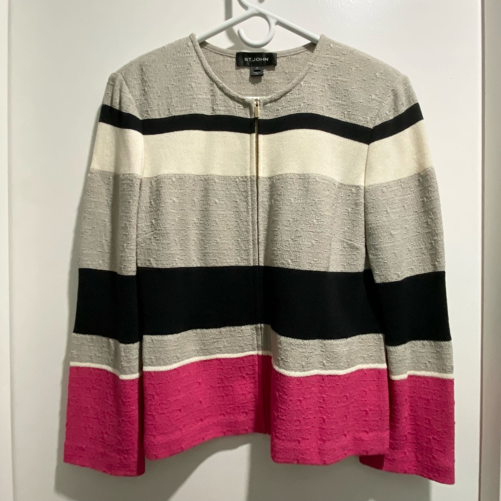 St.John Striped Office Siren Quiet Luxury Wool/Rayon Preppy Academia Cardigan 10